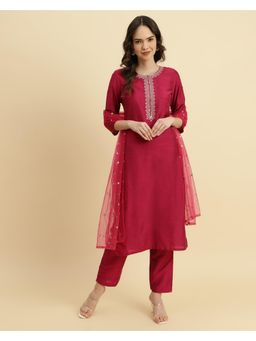 Varanga - Magenta Embroidered Kurta Paired with Straight Trouser and Dupatta (Set of 3)