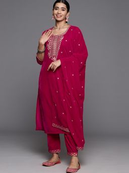 Varanga - Pink Floral Zari Embroidered Velvet Kurta with Trouser & Velvet Dupatta