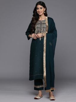 Varanga - Women Teal Yoke Design Kurta Embellished with Pant and Printed Dupatta (Set of 3)