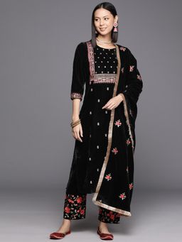Varanga - Women Floral Embroidered Velvet Straight Kurta with Trousers & Dupatta