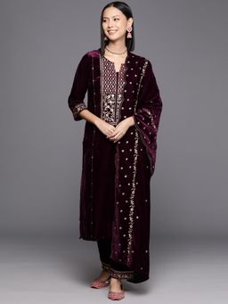 Varanga - wine Floral Yoke Embroidered Velvet winter Kurta with Trousers & Dupatta