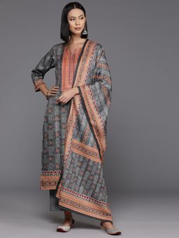 Varanga - Grey Ethnic Motif Printed Wool Blended Winter Straight Kurta Set with Printed Dupatta