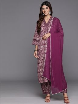 Varanga - Women Purple Floral Printed Straight Kurta with Salwar and Dupatta (Set of 3)
