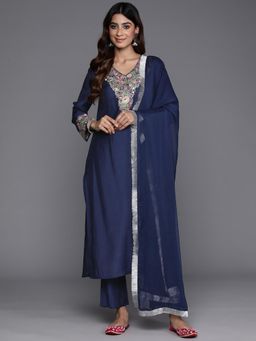 Varanga - Blue Thread Embroidered Straight Kurta Paired with Tonal Pant and Dupatta (Set of 3)