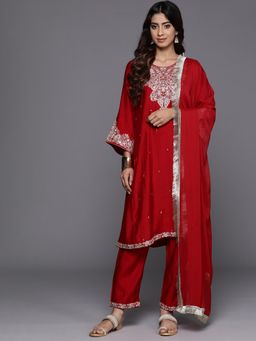 Varanga - Red Zari Embroidered Kurta and Pant with Dupatta (Set of 3)