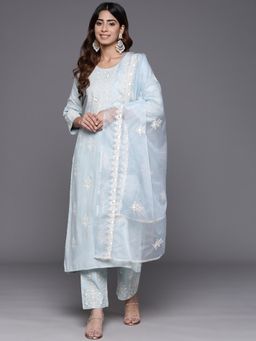 Varanga - Women Blue Embroidered Kurta Paired with Tonal Trouser and Dupatta (Set of 3)