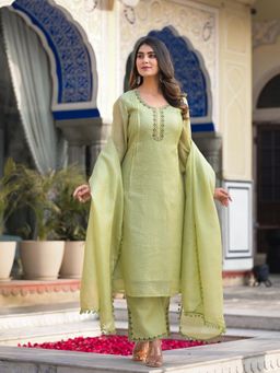Varanga - Lime Green Kota Check Kurta and Pant with Dupatta (Set of 3)