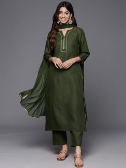 Varanga - Olive Green Gota Embellished Placket Kurta and Pant with Dupatta (Set of 3)