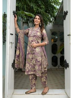 Varanga - Mauve Floral Printed Embroidered Mirror Kurta and Salwar with Dupatta (Set of 3)