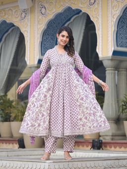 Varanga - Violet and Off-White Floral Printed Anarkali and Pant with Dupatta (Set of 3)