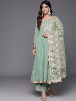 Varanga - Women Sea Green Anarkali Kurta and Palazzo with Dupatta (Set of 3)