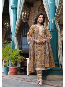 Varanga - Mustard Floral Printed Kurta and Pant with Dupatta (Set of 3)