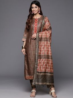 Varanga - Brown Ethnic Motif Printed Embroidered Kurta and Pant with Dupatta (Set of 3)