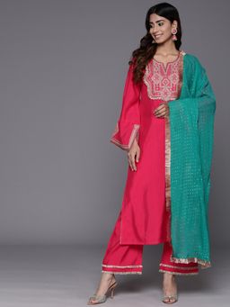 Varanga - Women Fuchsia Pink Zari Embroidered Kurta with Pant and Dupatta (Set of 3)