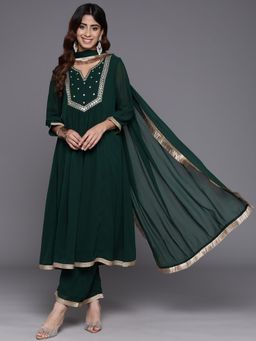 Varanga - Women Green Mirror Embroidered Yoke A-Line Kurta with Pant and Dupatta (Set of 3)