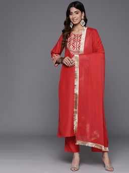 Varanga - Women Red Zari Embroidered Kurta with Pant and Dupatta (Set of 3)