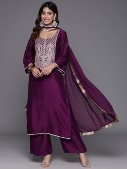 Varanga - Women Purple Zari Embroidered Kurta with Palazzo and Dupatta (Set of 3)