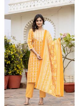 Varanga - Women Mustard Printed Yoke Embroidered Kurta with Pant and Dupatta (Set of 3)