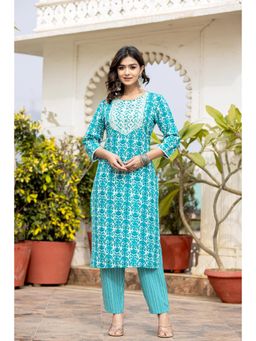 Varanga - Women Blue Printed Yoke Embroidered Kurta Paired with Pant and Dupatta (Set of 3)