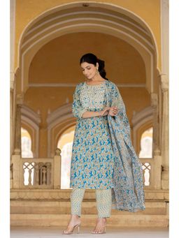 Varanga - Women Blue Floral Printed Embroidered Kurta Paired with Pant and Dupatta (Set of 3)