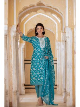 Varanga - Women Blue Printed Straight Kurta with Pant and Dupatta (Set of 3)