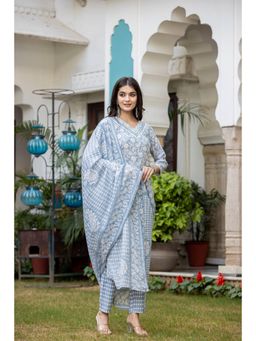 Varanga - Women Grey Embroidered Kurta Paired with Printed Pant and Dupatta (Set of 3)