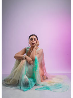 Geroo Jaipur - Multi Shaded Mukaish Jaal Hand Embroidered Chiffon Saree with Unstitched Blouse