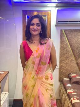 Geroo Jaipur - White Pink Shaded Hand Painted Floral Chiffon Saree with Unstitched Blouse