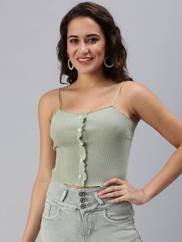SHOWOFFFF - Women's Solid Fitted Green Shoulder Straps Top