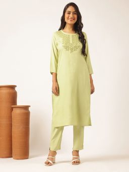 Vbuyz - Pista Green Straight Embroidered Kurta Set(Set Of 2)