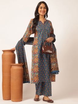Vbuyz - Blue and Beige Floral Printed Straight Cotton Kurta Set(Set Of 3)