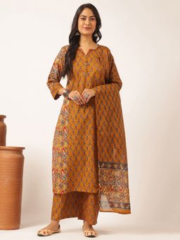Vbuyz - Mustard Floral Printed Straight Cotton Kurta Set(Set Of 3)