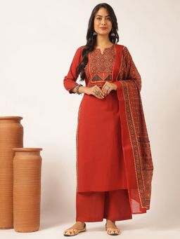 Vbuyz - Rust Red Printed Cotton Kurta Set(Set Of 3)