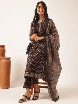 Vbuyz - Black Floral Printed A-Line Cotton Kurta Set(Set Of 3)