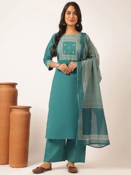 Vbuyz - Teal Blue Printed Straight Cotton Kurta Set(Set Of 3)