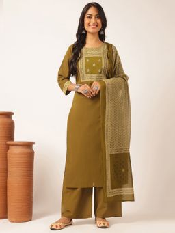 Vbuyz - Mehendi Green Printed Cotton Kurta Set(Set Of 3)