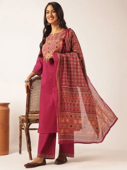 Vbuyz - Magenta Printed Cotton Kurta Set(Set Of 3)