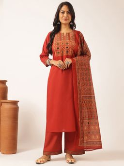 Vbuyz - Maroon Printed Cotton Kurta Set(Set Of 3)