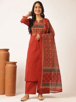 Vbuyz - Maroon Printed Cotton Kurta Set(Set Of 3)