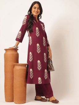 Vbuyz - Purple and Beige Floral Printed Cotton Kurta with Palazzo (Set of 2)