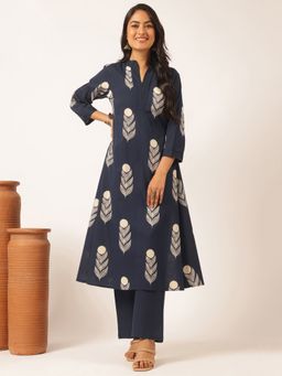 Vbuyz - Navy Blue and Beige Floral Printed Cotton Kurta with Palazzo (Set of 2)