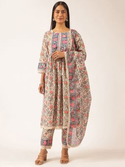 Vbuyz - Beige Floral Printed Cotton Kurta Set(Set Of 3)