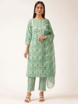 Vbuyz - Sea Green and White Printed Straight Cotton Kurta Set(Set Of 3)