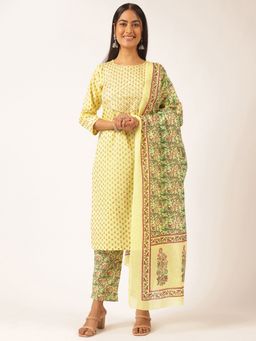 Vbuyz - Yellow Printed Straight Cotton Kurta Set(Set Of 3)