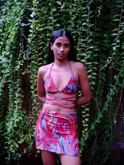 IZSI - Shaping Coverall Swim Skirt With Attached Briefs Red - Cayenne Wave Print