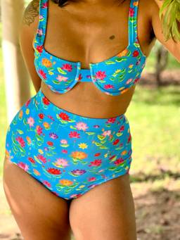 IZSI - Shaping Lined High Waist Bikini Bottom Blue - Lotus Pond Print