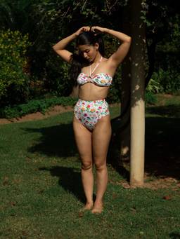 IZSI - Shaping Lined High Waist Bikini Bottom White - Lotus Sky Print