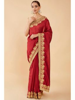 Soch - Women Maroon Georgette Embroidered Saree with Unstitched Blouse