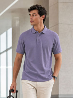 Nobero - Men Light Purple Cotton Solid Polo T-Shirt