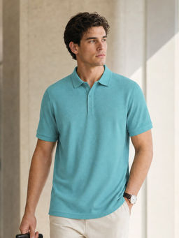 Nobero - Men Turquoise Blue Cotton Solid Polo T-Shirt